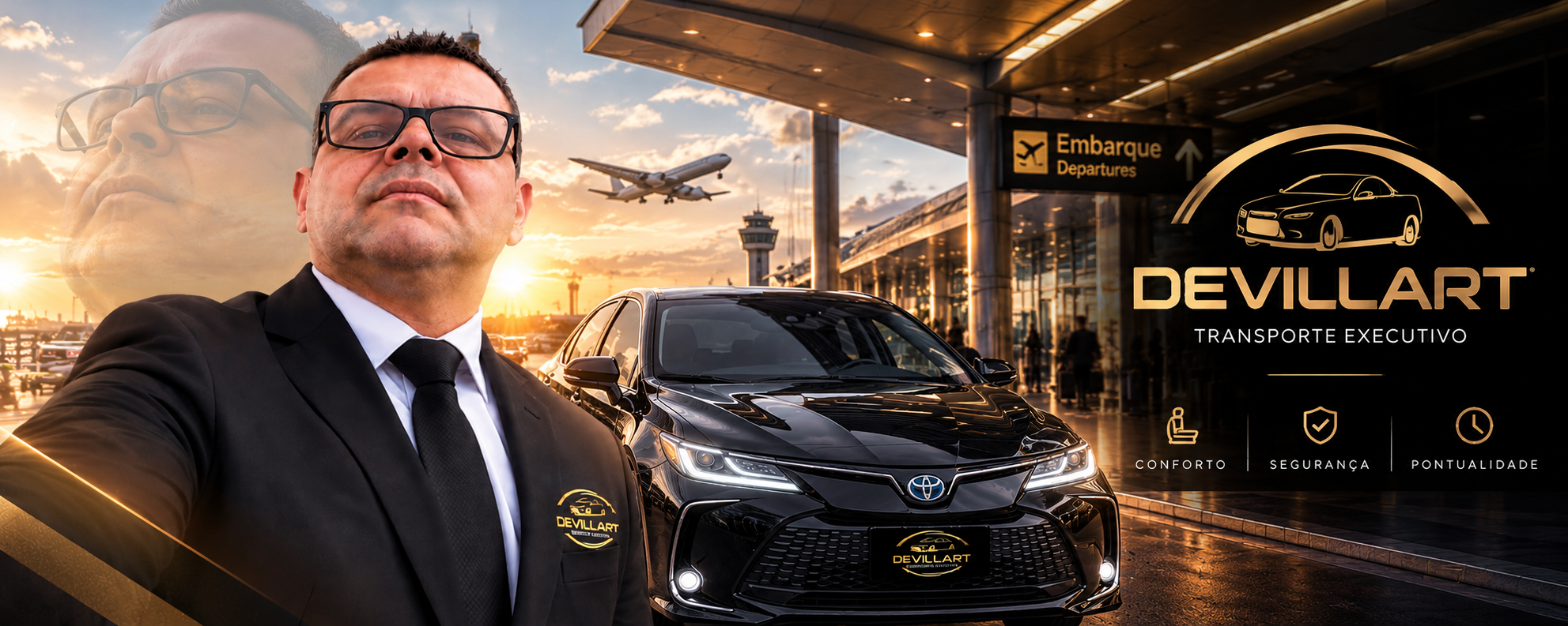 Motorista executivo Devillart ao lado do Toyota preto no aeroporto